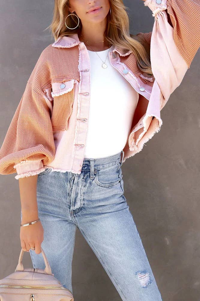 Plain Waffle Knit Button Up Crop Shacket