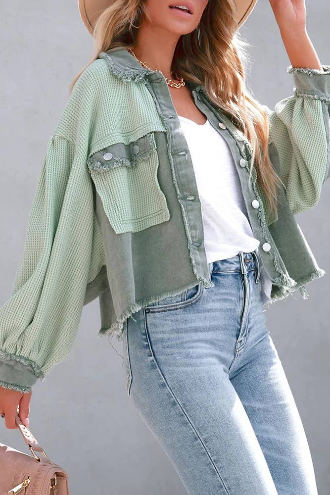 Plain Waffle Knit Button Up Crop Shacket