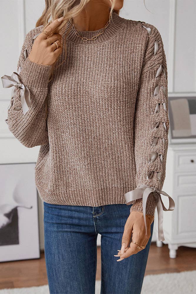 Lace Up Bowknot Round Neck Knitting Sweater