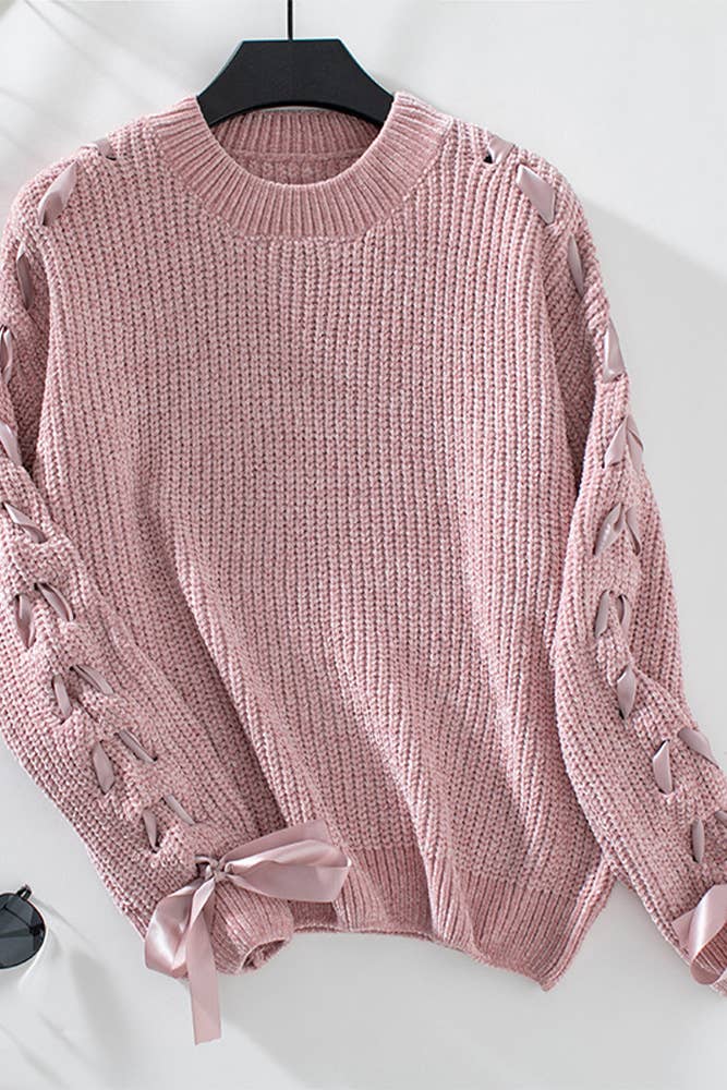 Lace Up Bowknot Round Neck Knitting Sweater