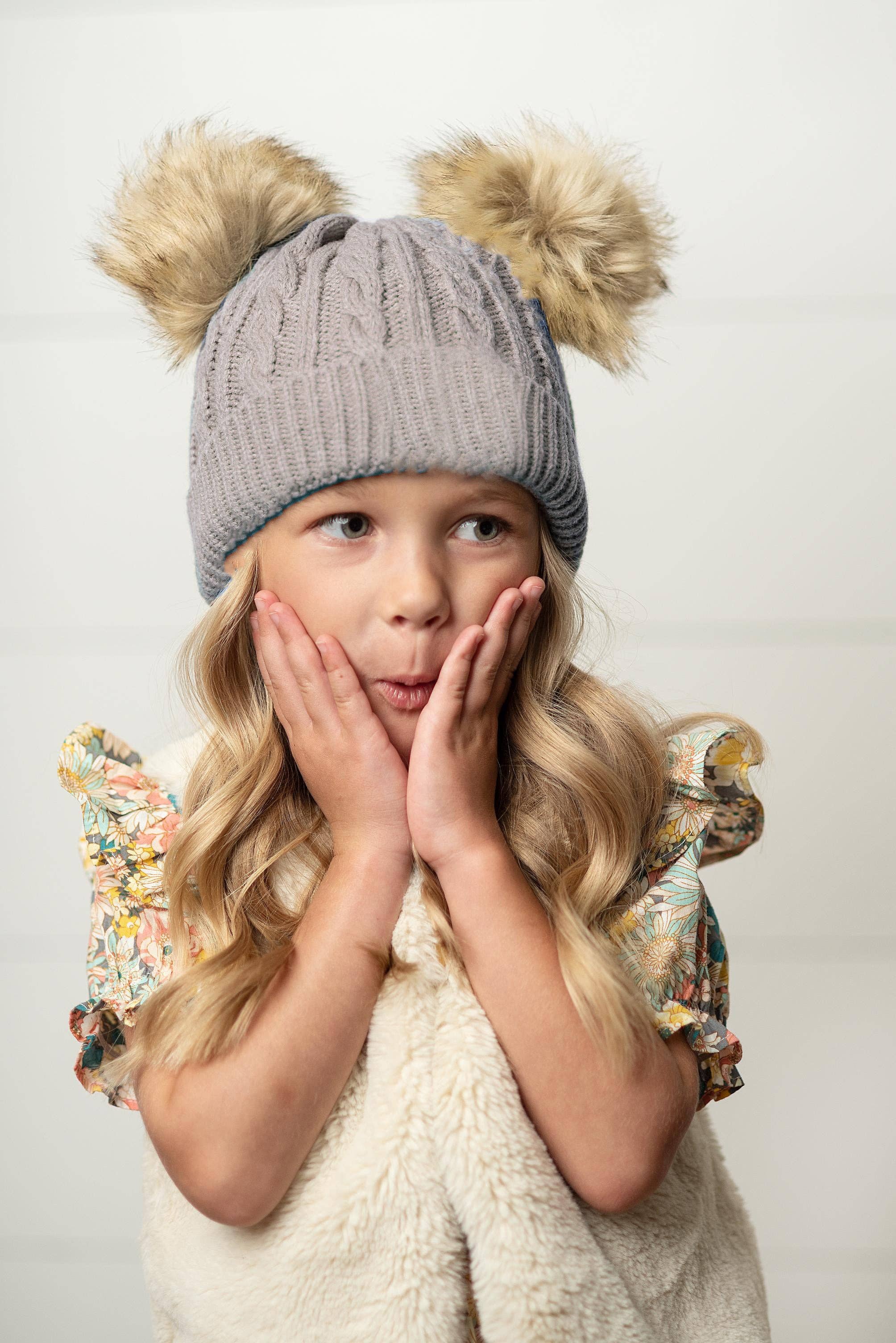 Kids Gray Cable Knit Fur Double Pom Pom Beanie Winter Hat