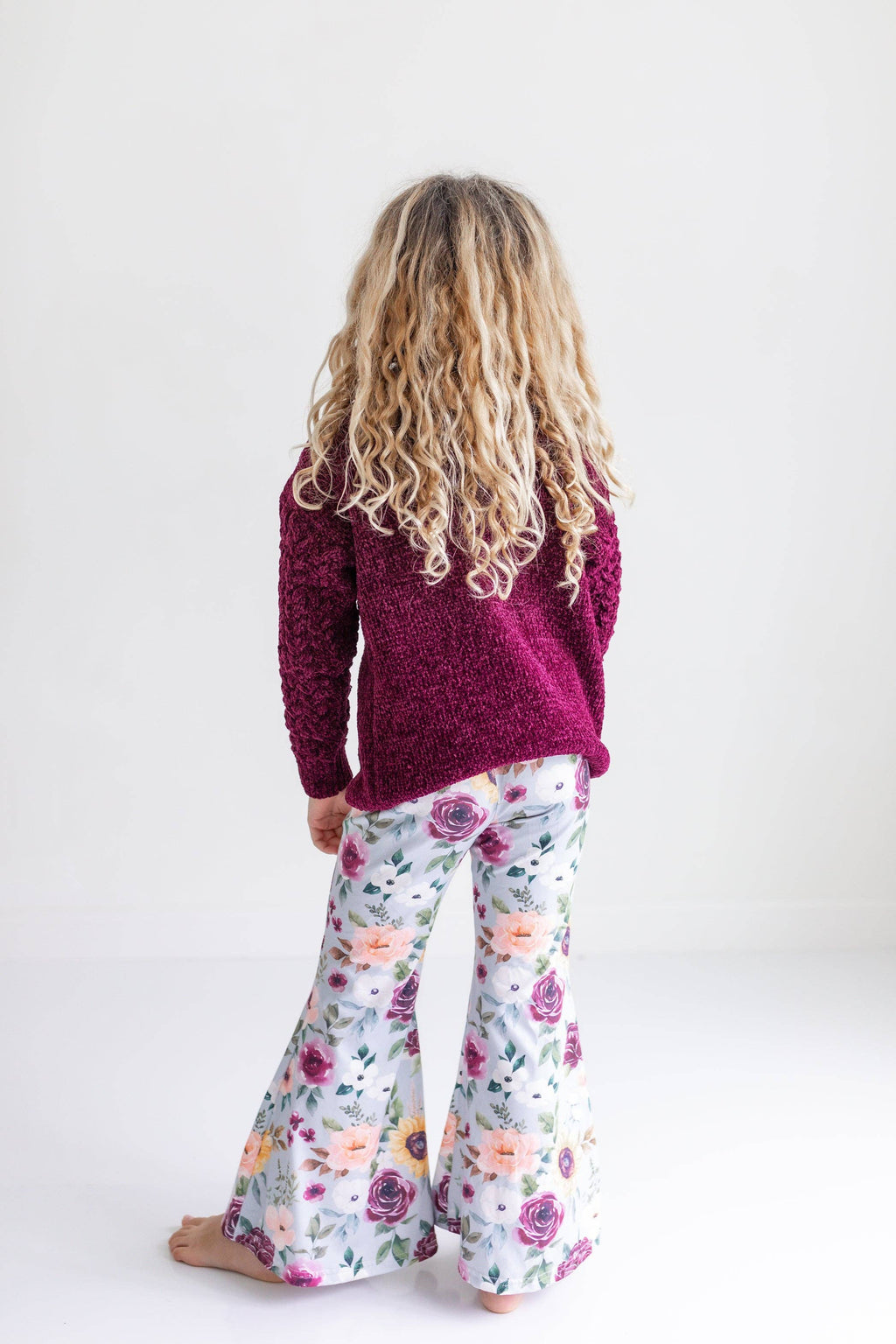 Kids Long Sleeve Plum Sweater & Sage Floral Bell Bottom Set