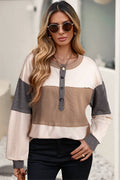 LDC Color Block Waffled Patchwork Loose Henley Top