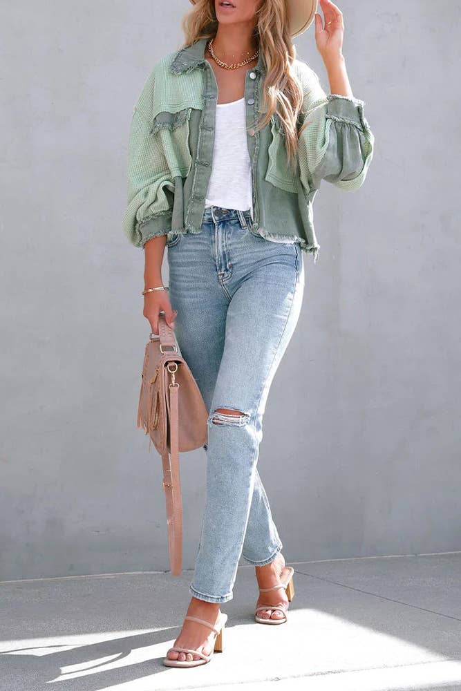 Plain Waffle Knit Button Up Crop Shacket