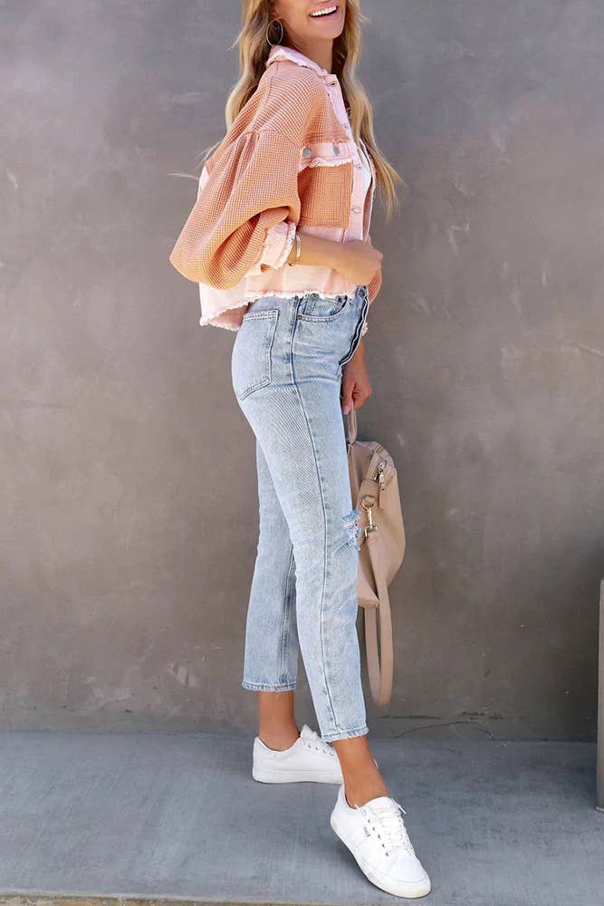 Plain Waffle Knit Button Up Crop Shacket