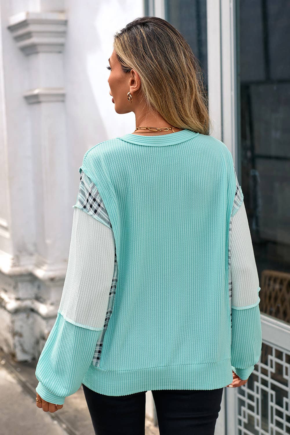 LDC Corded Texture Plaid Colorblock Patchwork Split Neck Top