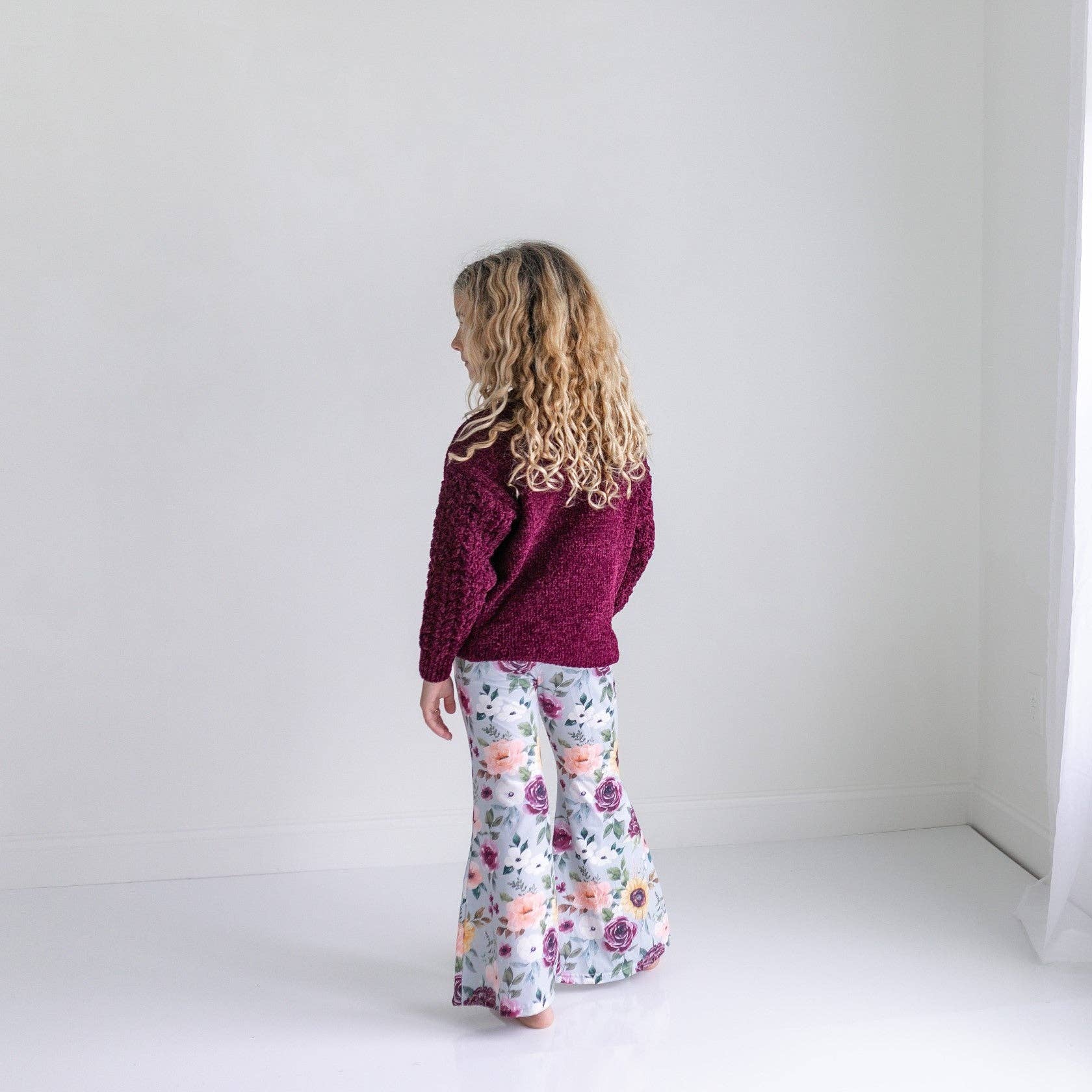 Kids Long Sleeve Plum Sweater & Sage Floral Bell Bottom Set