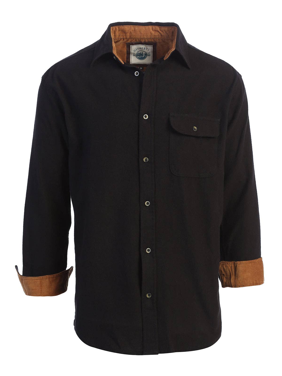 Men's Solid Long Sleeves Flannel Button Up Shirt with Corduroy Contrast