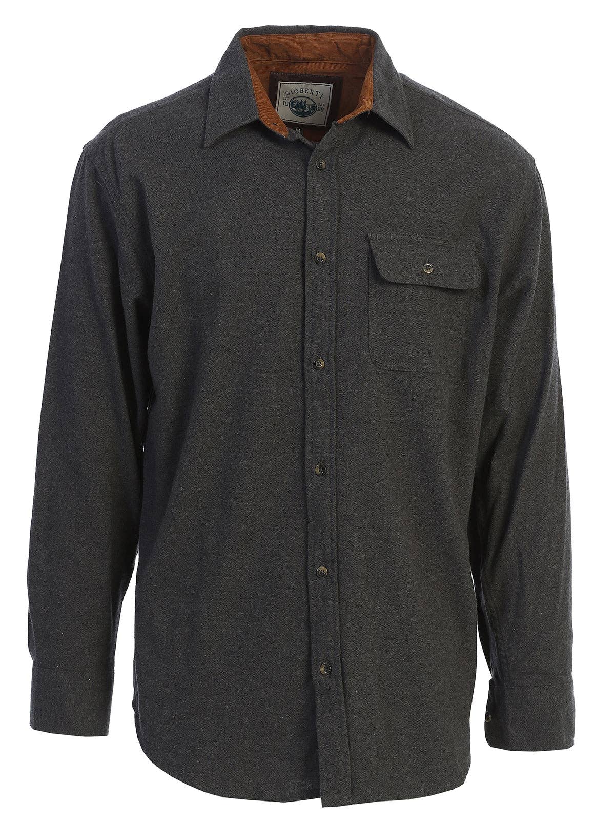 Men's Solid Long Sleeves Flannel Button Up Shirt with Corduroy Contrast