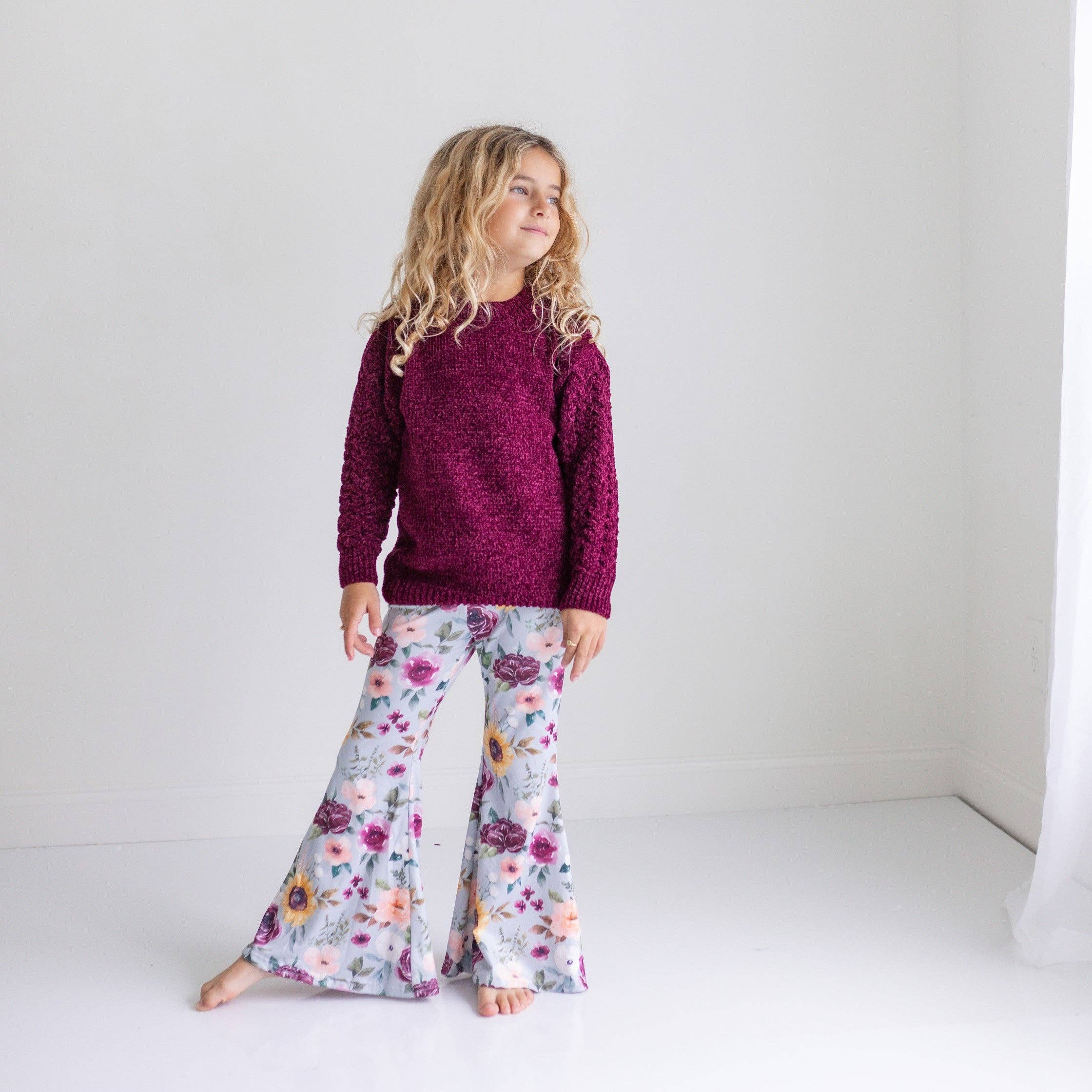 Kids Long Sleeve Plum Sweater & Sage Floral Bell Bottom Set