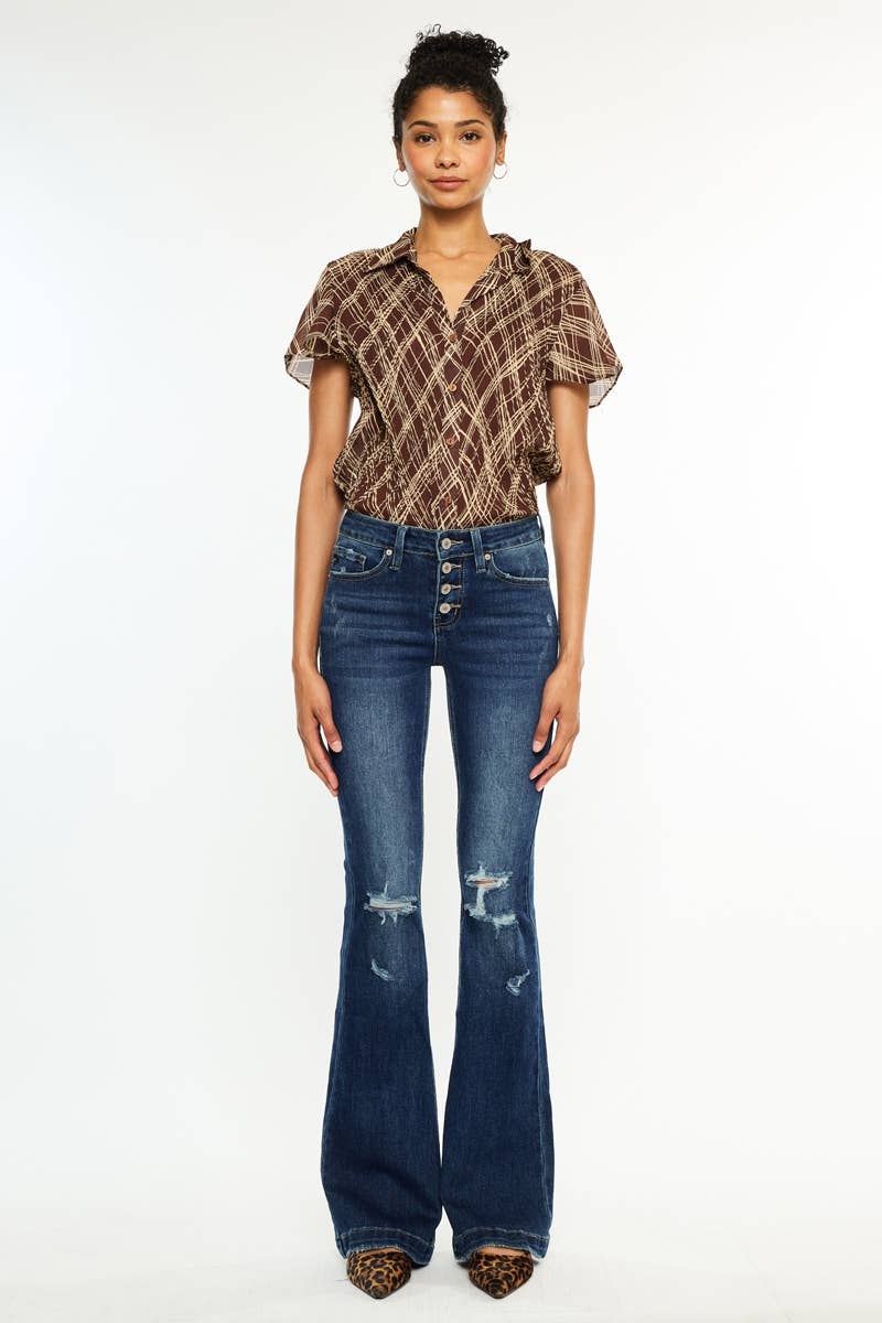 OPEN PACK MID RISE BUTTON UP DISTRESS FLARE JEANS Kan Can USA