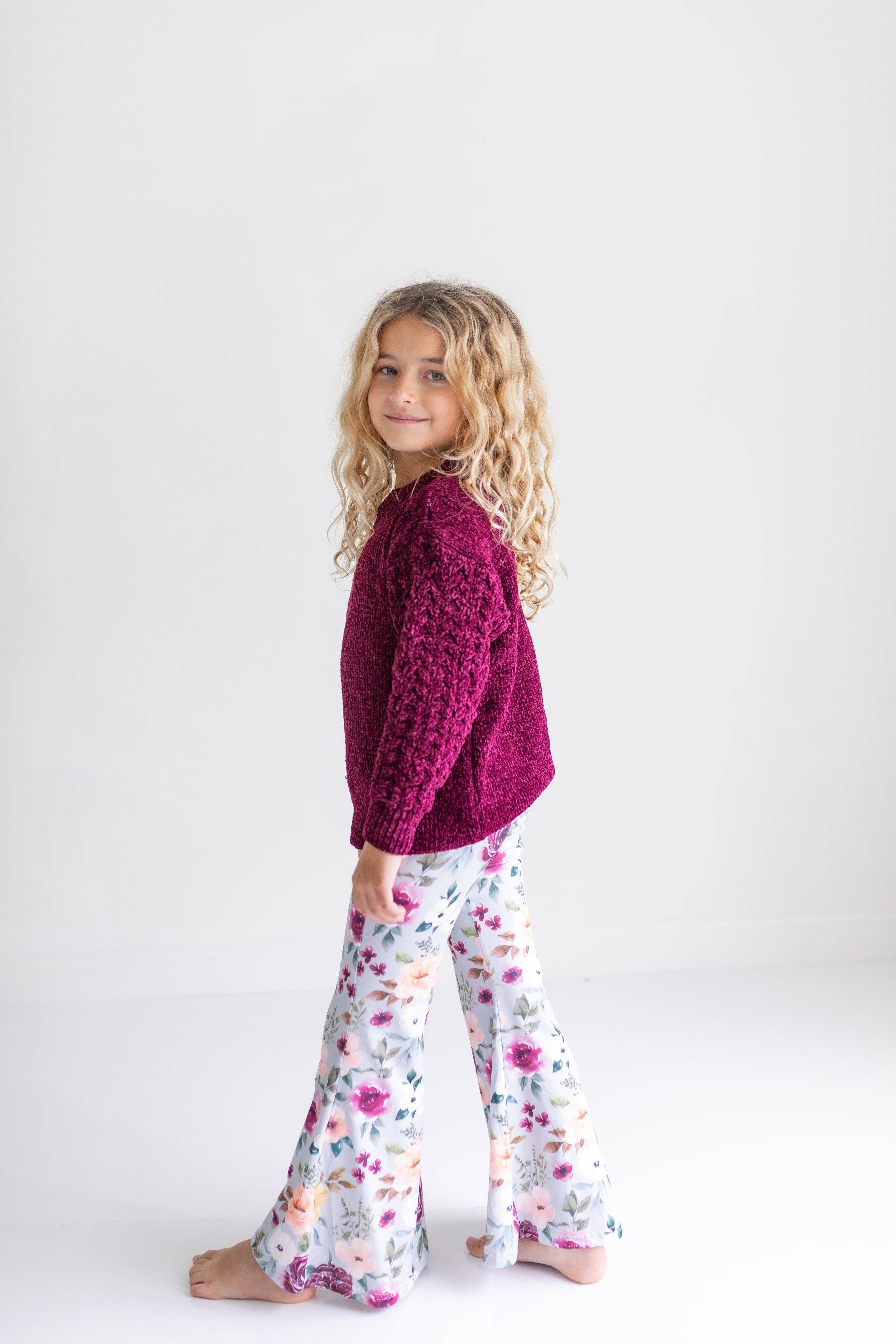 Kids Long Sleeve Plum Sweater & Sage Floral Bell Bottom Set