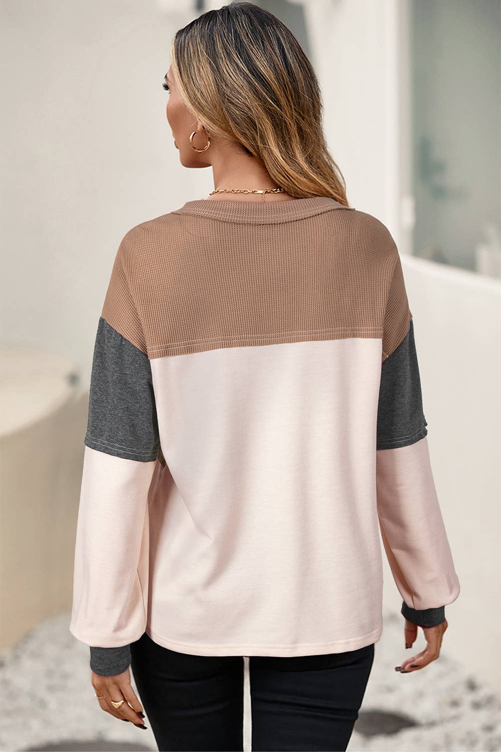 LDC Color Block Waffled Patchwork Loose Henley Top