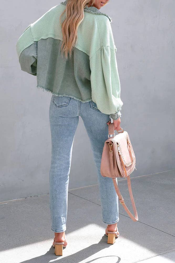 Plain Waffle Knit Button Up Crop Shacket