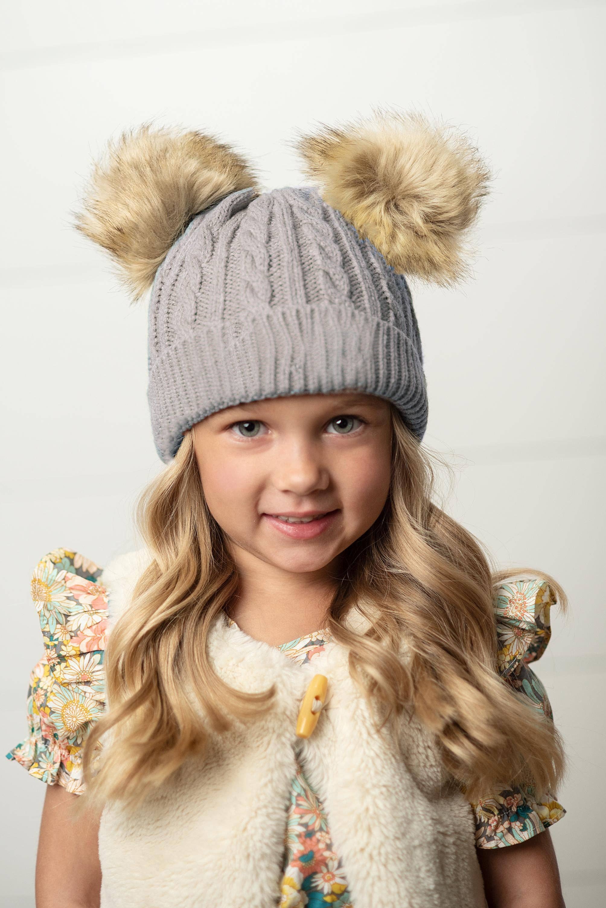 Kids Gray Cable Knit Fur Double Pom Pom Beanie Winter Hat