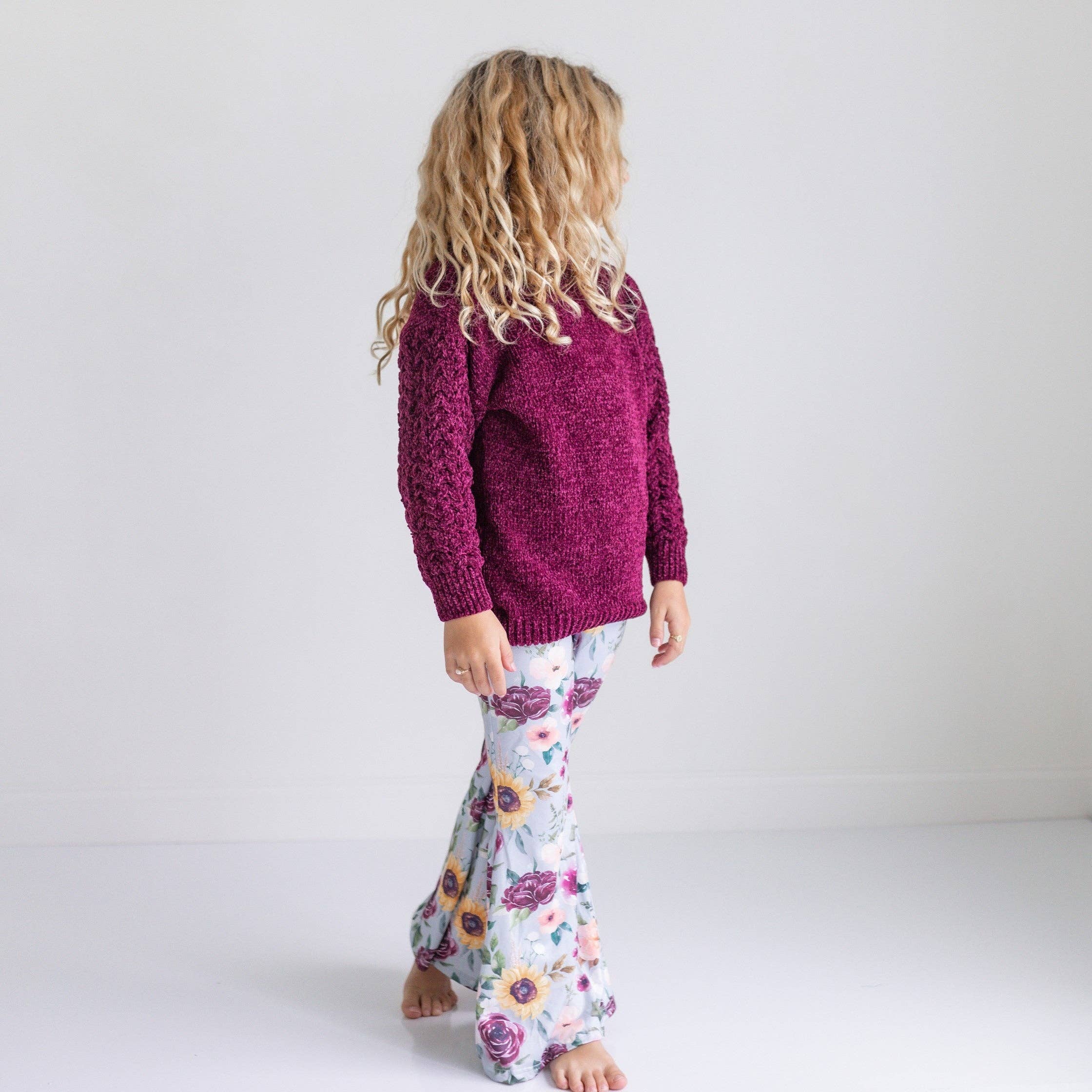 Kids Long Sleeve Plum Sweater & Sage Floral Bell Bottom Set
