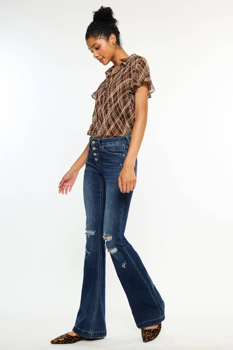 OPEN PACK MID RISE BUTTON UP DISTRESS FLARE JEANS Kan Can USA